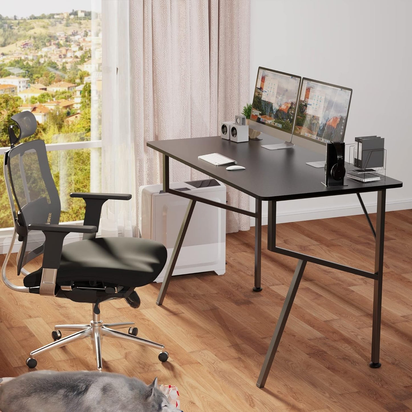 Gaming Desk 47 Inch, K Shaped Home Office PC Computer Desk Table for Gamer with Cable Management, Game Controller Stand, Cup Holder, Headphone Hook, Free Mouse Pad, Carbon Fiber Black